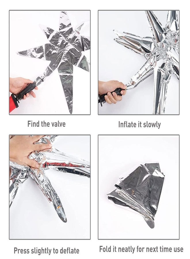 LAIAMER 6 Pcs Silver Star Foil Balloons One-Piece 14-Pointed Star Balloon 4D Starburst Cone Mylar Balloon 22inch Christmas Birthday Wedding Wedding Anniversary Party Supplies(Silver) - Image 4